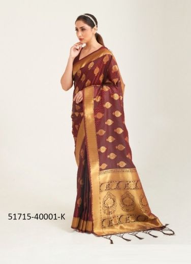 Wine Woven Silk Handloom Saree For Traditional / Religious Occasions
