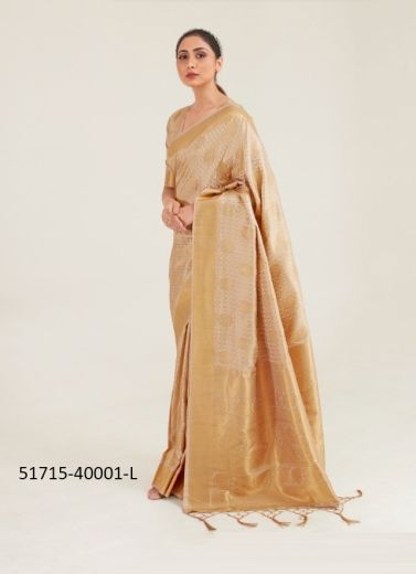 Beige Woven Silk Handloom Saree For Traditional / Religious Occasions