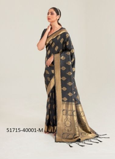 Black Woven Silk Handloom Saree For Traditional / Religious Occasions
