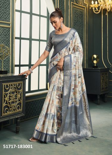 Steel Blue & White Woven Cotton Jacquard Saree For Traditional / Religious Occasions