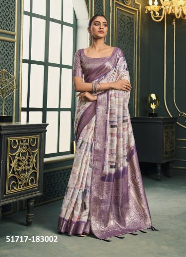 Purple & White Woven Cotton Jacquard Saree For Traditional / Religious Occasions