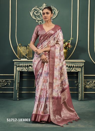 Wine & White Woven Cotton Jacquard Saree For Traditional / Religious Occasions