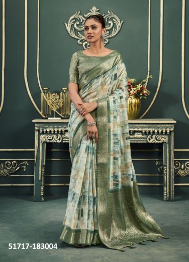 Sage Green & White Woven Cotton Jacquard Saree For Traditional / Religious Occasions
