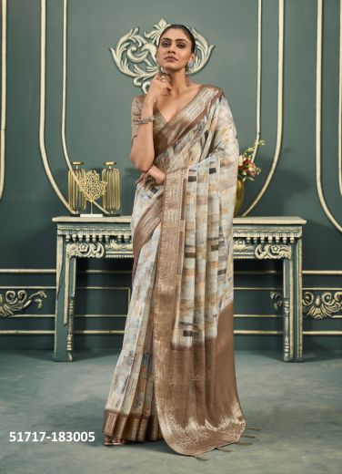 Brown & White Woven Cotton Jacquard Saree For Traditional / Religious Occasions
