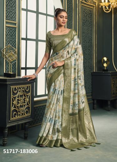 Olive Green & White Woven Cotton Jacquard Saree For Traditional / Religious Occasions