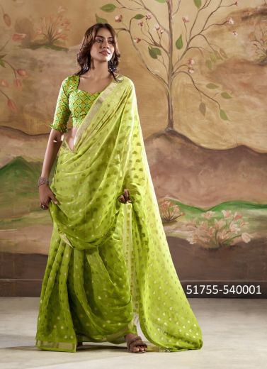Light Green Banarasi Butta Georgette Digitally Printed Party-Wear Vibrant Saree