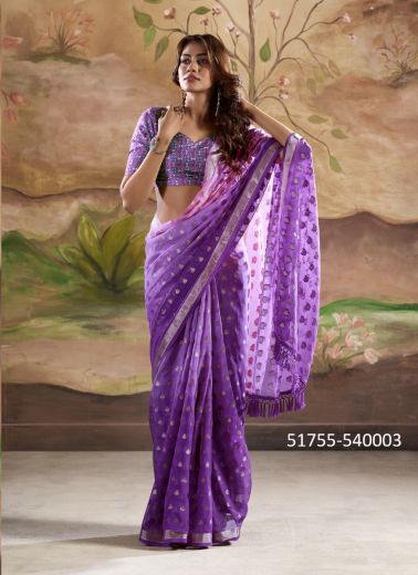 Lavender Banarasi Butta Georgette Digitally Printed Party-Wear Vibrant Saree