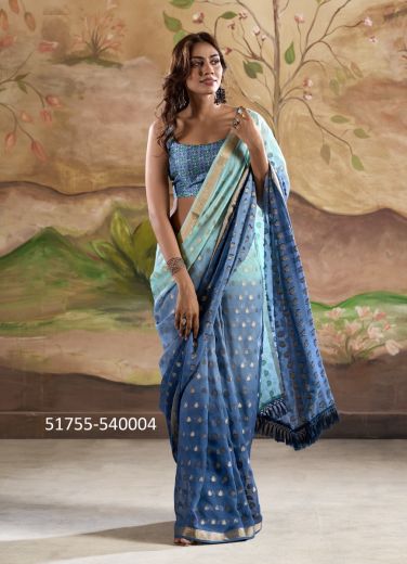 Sea Blue Banarasi Butta Georgette Digitally Printed Party-Wear Vibrant Saree