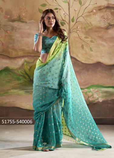 Teal Blue Banarasi Butta Georgette Digitally Printed Party-Wear Vibrant Saree