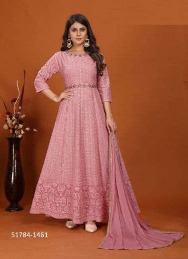 Pink Premium Faux Georgette Sequins-Work Readymade Gown With Dupatta For Traditional / Religious Occasions