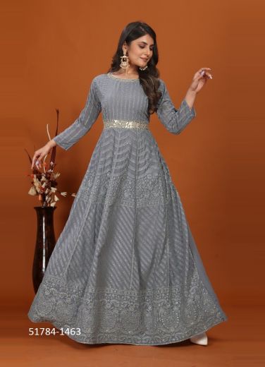 Gray Premium Faux Georgette Sequins-Work Readymade Gown With Dupatta For Traditional / Religious Occasions