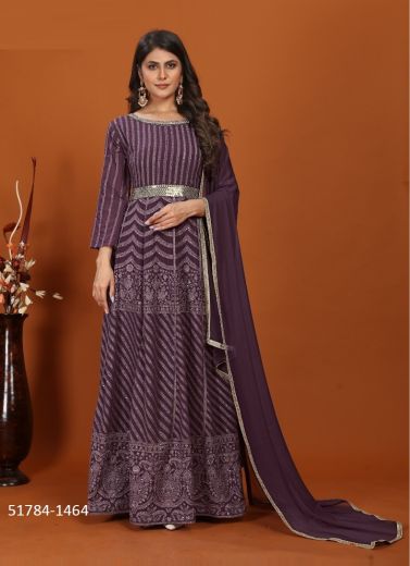Purple Premium Faux Georgette Sequins-Work Readymade Gown With Dupatta For Traditional / Religious Occasions