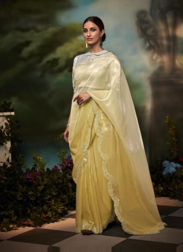 Vibrant Light Yellow Organza Silk Party-Wear Saree With Stone-Work