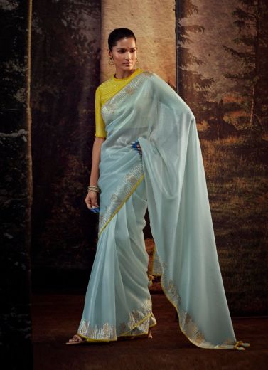 Light Blue Organza Embroidered Party-Wear Saree