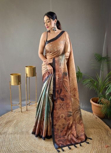 Light Brown Satin Cotton Floral Digitally Printed Festive-Wear Saree