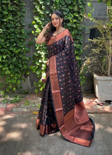 Black Silk Jacquard Weaving Festive-Wear Saree