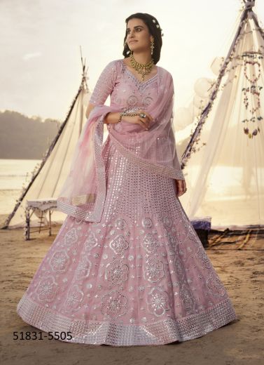 Baby Pink Organza Mirror-Work Wedding-Wear Gliterring Lehenga Choli