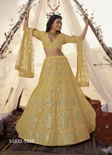 Yellow Organza Mirror-Work Wedding-Wear Gliterring Lehenga Choli