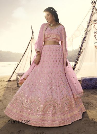 Pink Organza Mirror-Work Wedding-Wear Gliterring Lehenga Choli