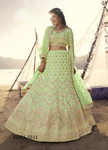 Light Green Organza Mirror-Work Wedding-Wear Gliterring Lehenga Choli