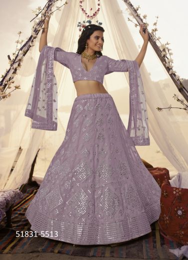 Lilac Organza Mirror-Work Wedding-Wear Gliterring Lehenga Choli