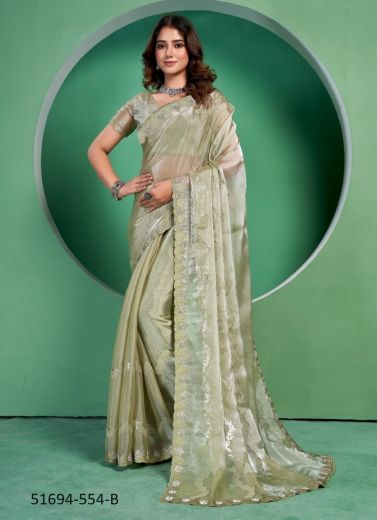 Sage Green Burberry Silk Sequins Work Festive-Wear Beautiful Saree