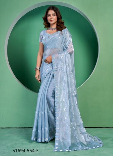 Light Blue Burberry Silk Sequins Work Festive-Wear Beautiful Saree