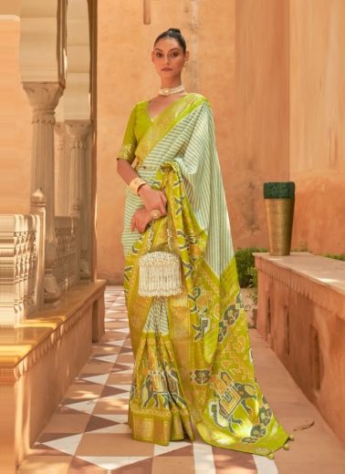 Lime Yellow Printed Party-Wear Patola Silk Saree