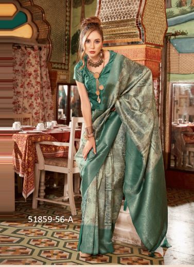 Teal Green Digitally Printed Soft Silk Saree For Traditional / Religious Occasions