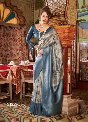 Steel Blue Digitally Printed Soft Silk Saree For Traditional / Religious Occasions