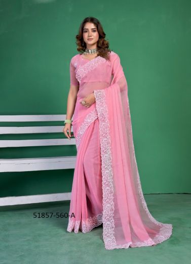 Pink Shimmer Thread-Work Festive-Wear Boutique-Style Saree