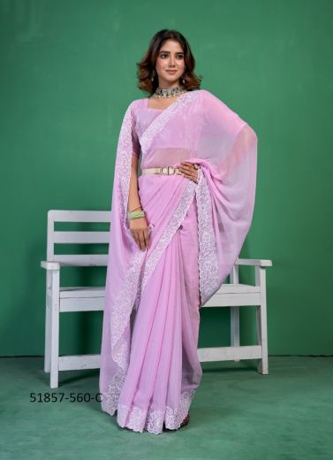 Lilac Shimmer Thread-Work Festive-Wear Boutique-Style Saree