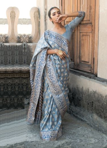 Light Blue Weaving Festive-Wear Soft Silk Saree