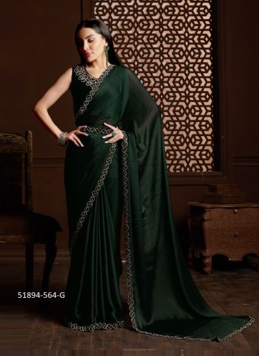 Bottle Green Silk Satin Chiffon Swarovski Work Party-Wear Beautiful Saree With Belt
