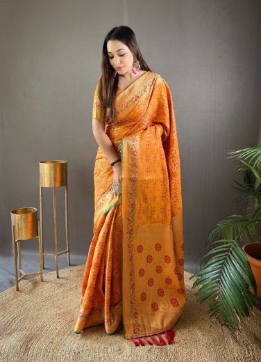 Orange Silk Bandhani Weaving Ready-To-Wear Saree For Traditional / Religious Occasions