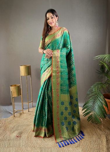 Sea Green Silk Bandhani Weaving Ready-To-Wear Saree For Traditional / Religious Occasions