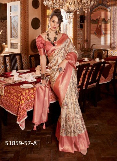 Cream & Salmon Digitally Printed Soft Silk Saree For Traditional / Religious Occasions