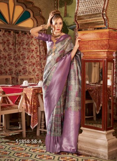 Gray & Purple Digitally Printed Soft Silk Saree For Traditional / Religious Occasions