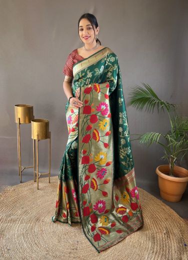 Dark Green Woven Paithani Silk Saree For Traditional / Religious Occasions