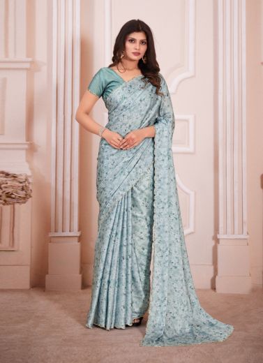 Light Blue Satin Georgette Digitally Printed Carnival Saree For Kitty Parties