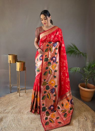 Red Woven Paithani Silk Saree For Traditional / Religious Occasions