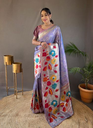 Lavender Woven Paithani Silk Saree For Traditional / Religious Occasions