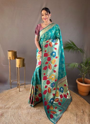 Teal Blue Woven Paithani Silk Saree For Traditional / Religious Occasions