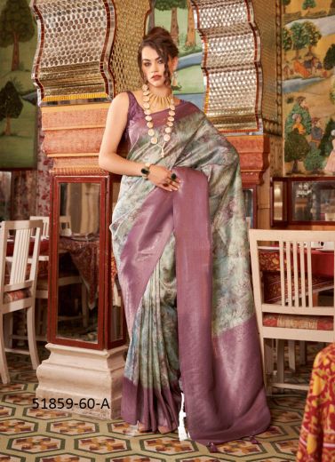 Gray & Purple Digitally Printed Soft Silk Saree For Traditional / Religious Occasions