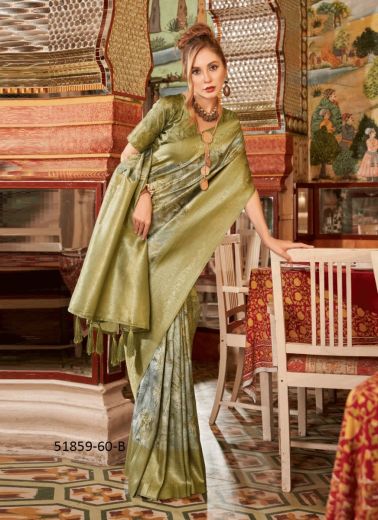 Olive Green Digitally Printed Soft Silk Saree For Traditional / Religious Occasions