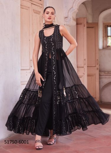 Black Georgette Thread-Work Party-Wear Front-Slit Readymade Salwar Kameez