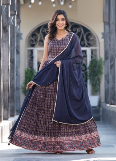 Navy Blue Soft Dolla Digitally Printed Ramadan Special Readymade Gown With Dupatta