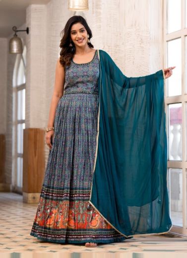 Dark Blue Soft Dolla Digitally Printed Ramadan Special Readymade Gown With Dupatta