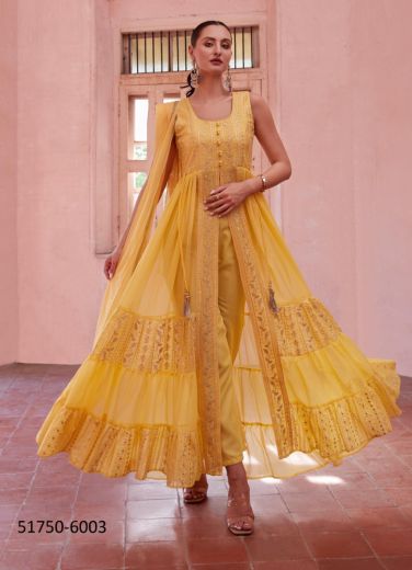 Yellow Georgette Thread-Work Party-Wear Front-Slit Readymade Salwar Kameez