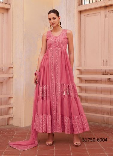 Pink Georgette Thread-Work Party-Wear Front-Slit Readymade Salwar Kameez
